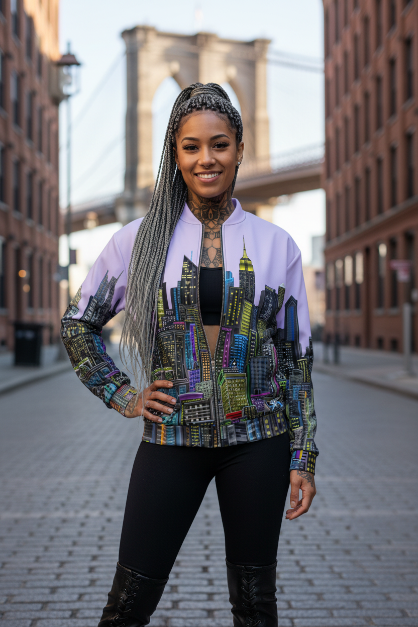 Women wearing a colorful cityscape Loria NYC Art jacket posing on a street.