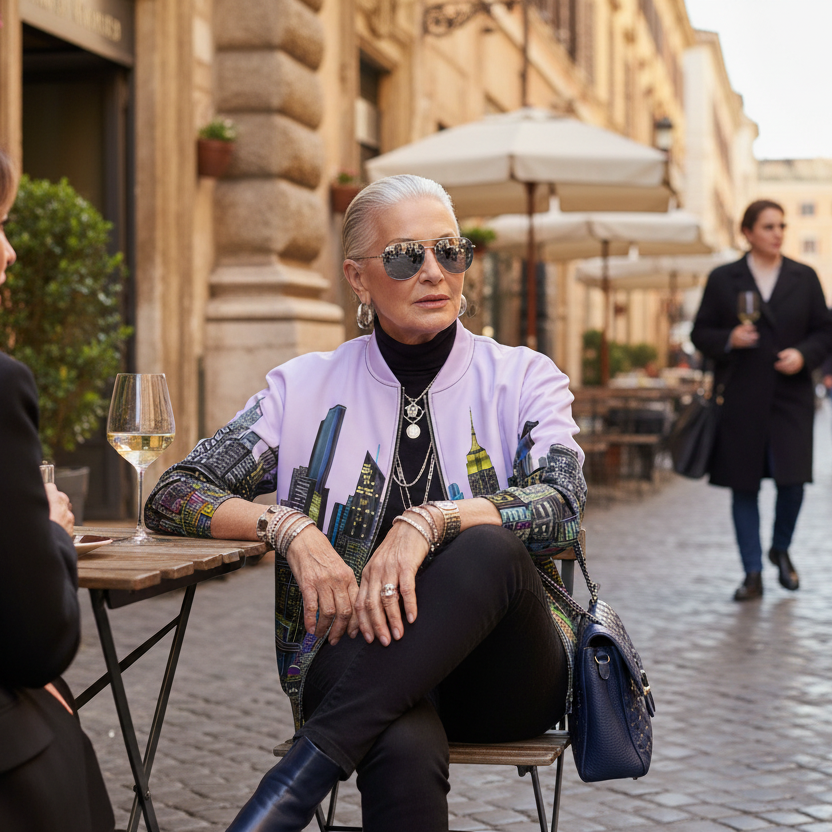 Woman wearing a colorful Loria NYC Art jacket sitting at an outdoor cafe table in an urban setting 