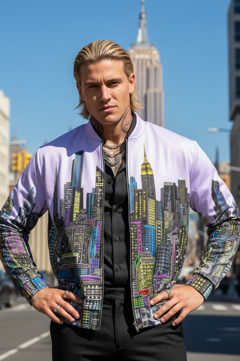 Man wearing a colorful Loria NYC Art cityscape jacket in an urban setting with a clear blue sky.
