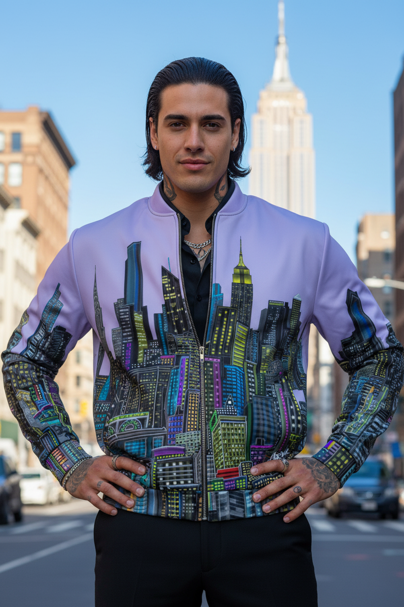 Person wearing a colorful cityscape Loria NYC Art jacket on a street.