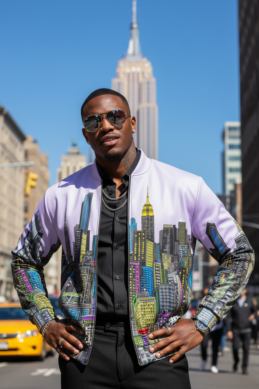 Man wearing a colorful lavender cityscape Loria NYC Art jacket on a urban street.