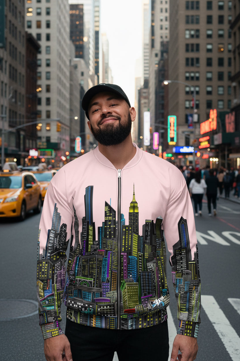 Guy wearing a pink city jacket design by Loria NYC Art
