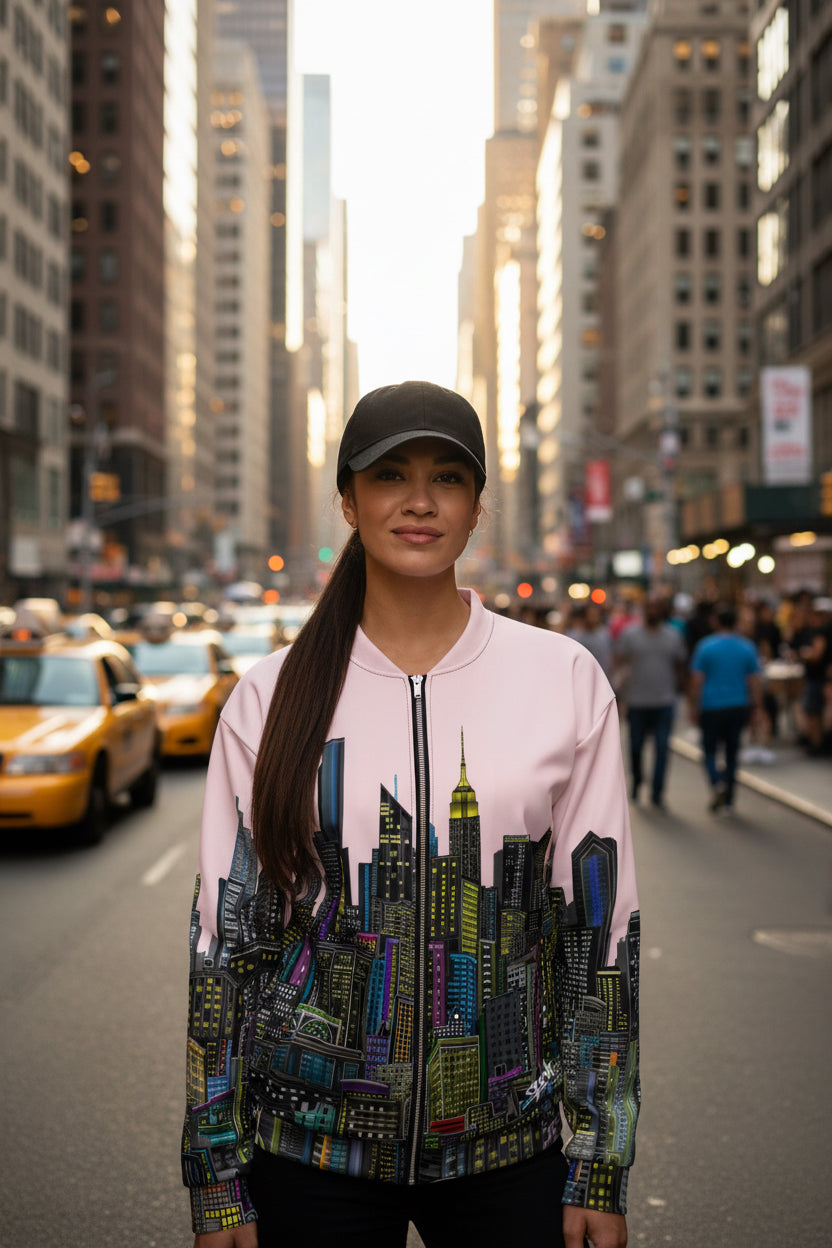 Girl wearing a pink bomber jacket with a cityscape design by Loria NYC Art
 on a urban background