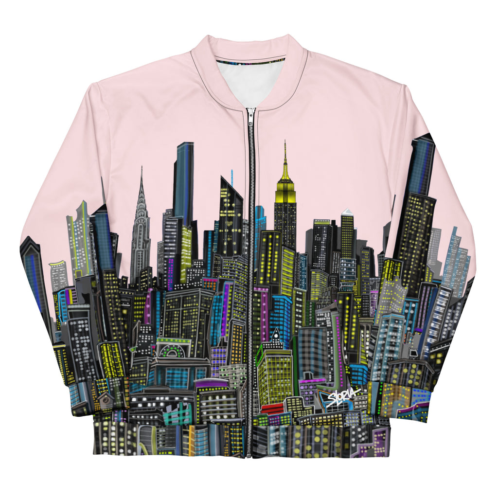 Pink bomber jacket with cityscape design by Loria NYC Art on a white background
