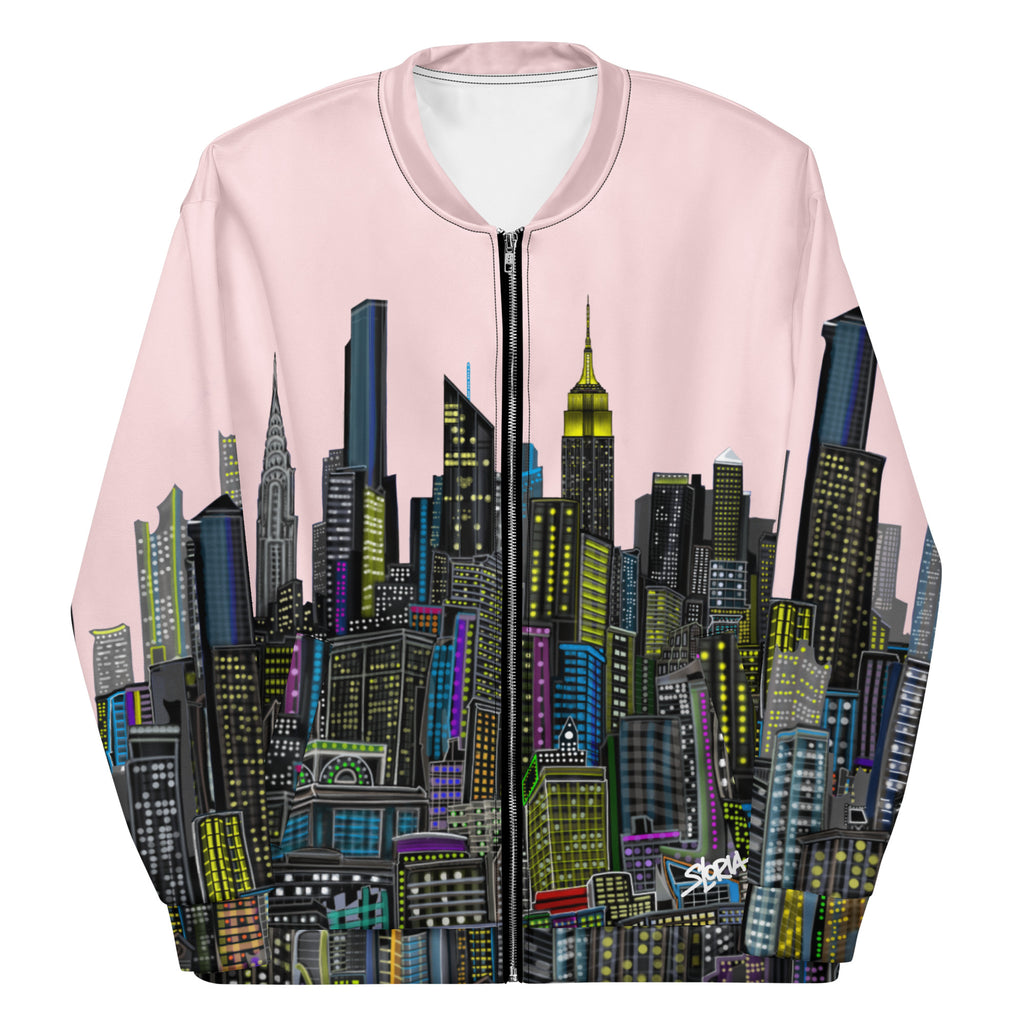 Folded sleeves Pink bomber jacket with cityscape design by Loria NYC Art on a white background