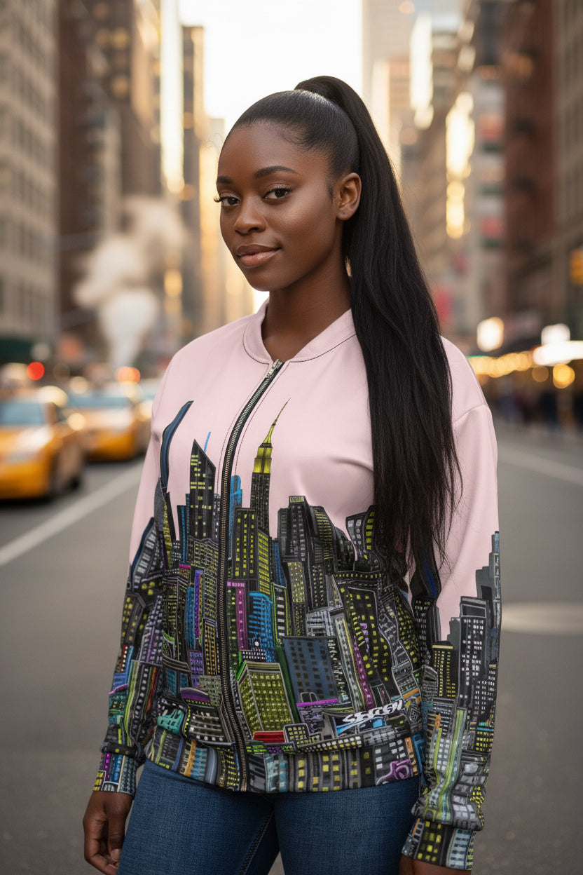 Person wearing a pink bomber jacket with a colorful cityscape design by Loria NYC Art on a urban background
