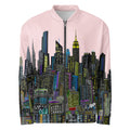 Pink bomber jacket with a cityscape Loria NYC Art design on a white background