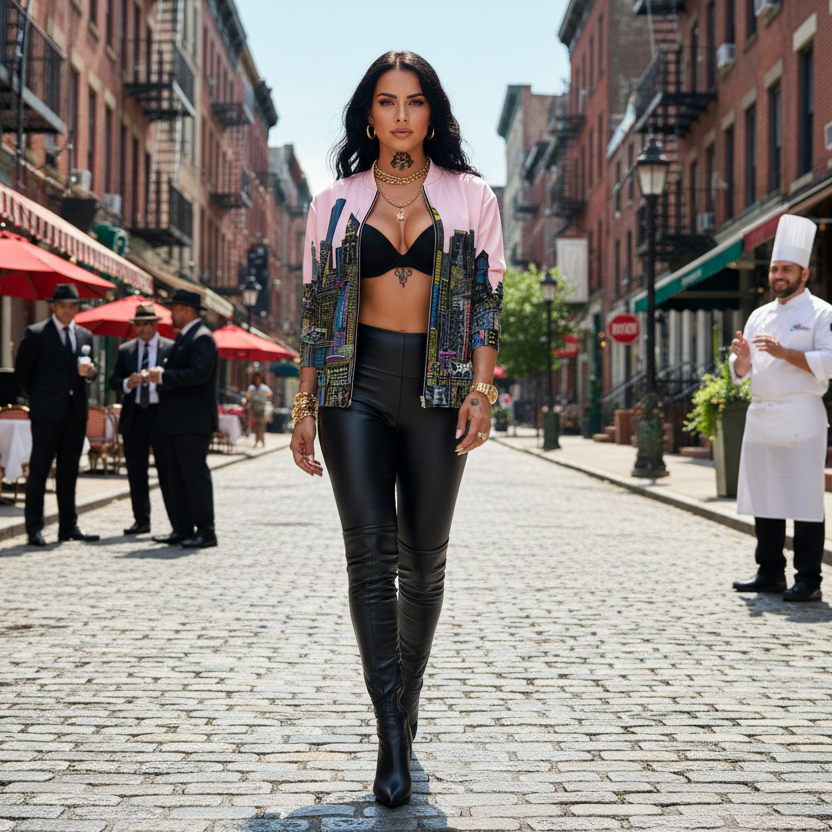 Woman walking down a street in an urban setting with brick buildings and outdoor seating wearing a pink Loria NYC Art jacket