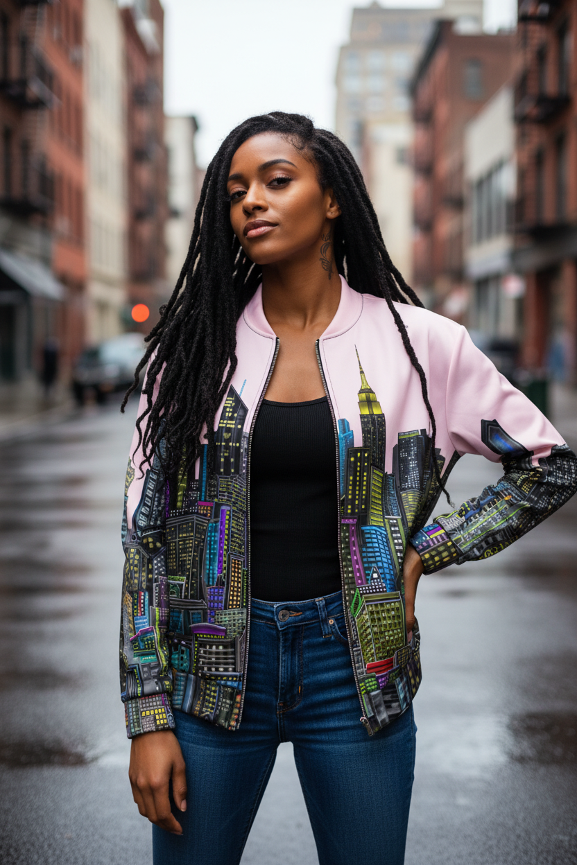 Woman wearing a colorful Loria NYC Art jacket with a cityscape design on a city street.