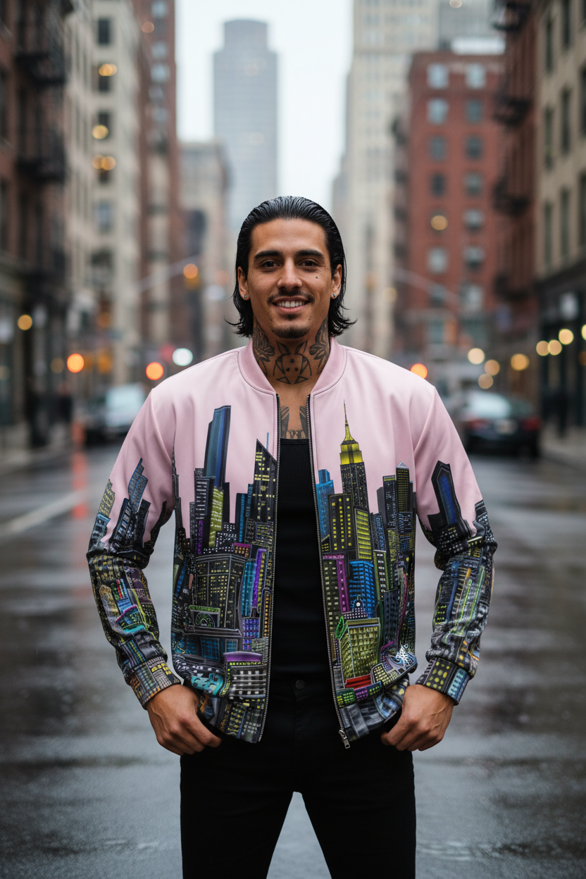 Man wearing a colorful jacket with cityscape  Loria NYC Art design on a city street.