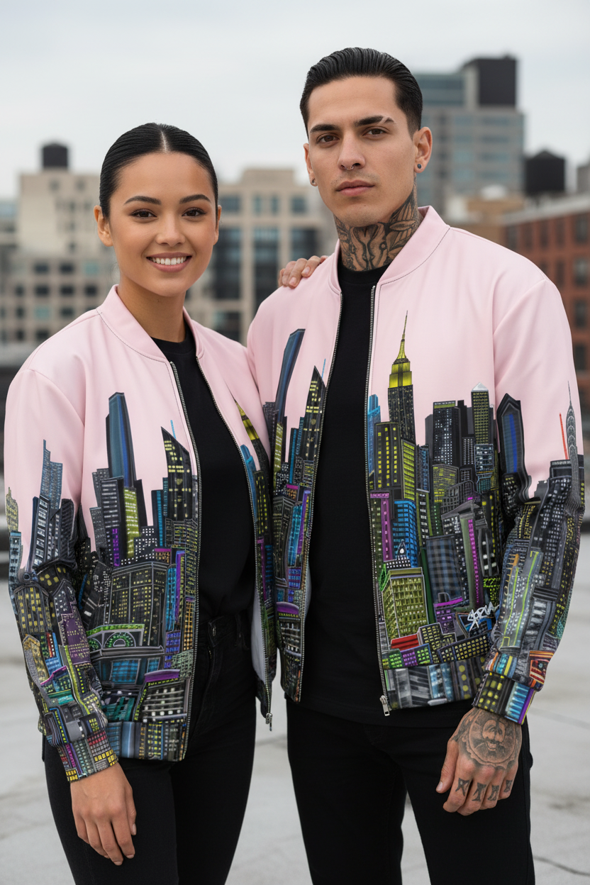 Two people wearing matching Loria NYC Art jackets with cityscape design in an urban setting