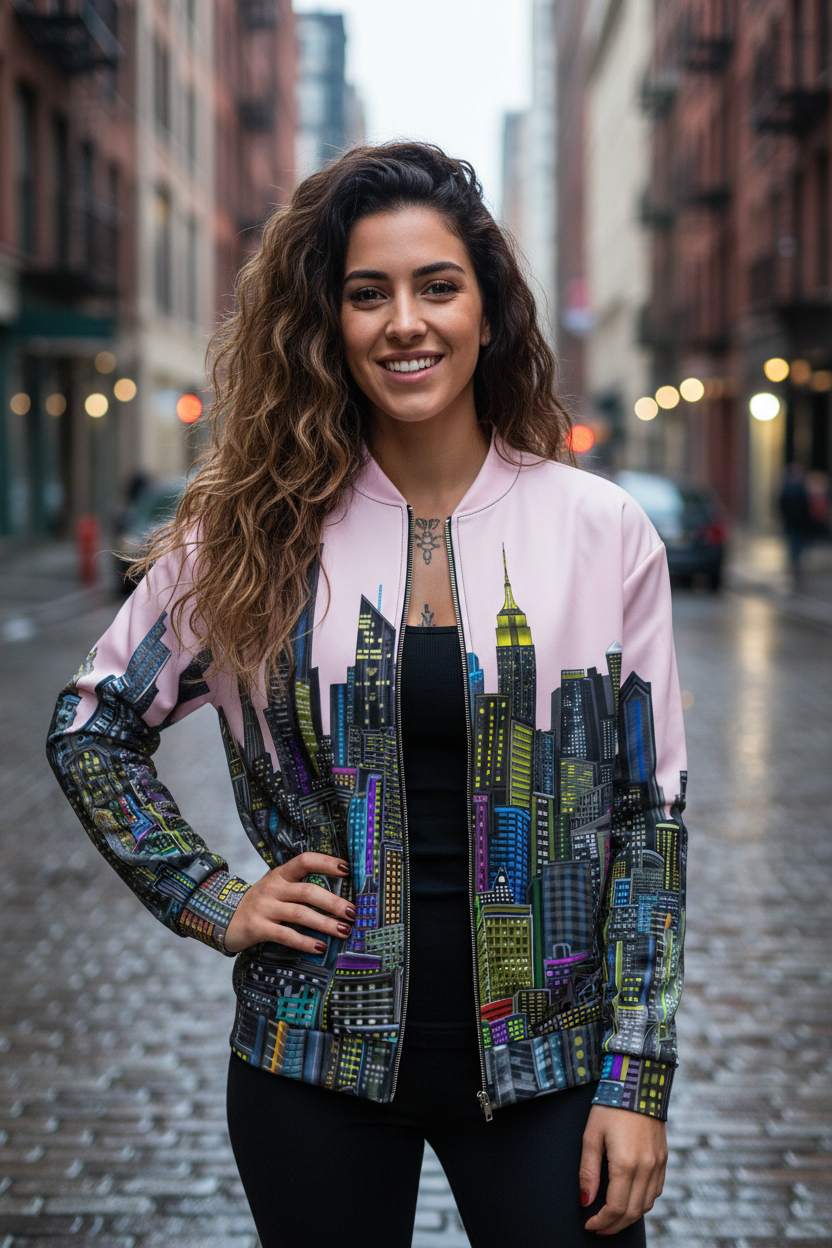 Woman wearing a colorful cityscape Loria NYC Art jacket on a city street