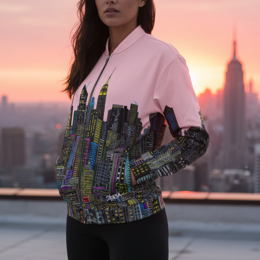 Person wearing a colorful jacket with cityscape design designed by Loria NYC Art against a sunset skyline.