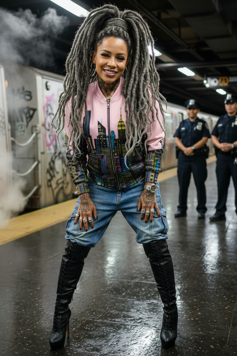 Women wearing pink Loria NYC Art jacket in subway system setting