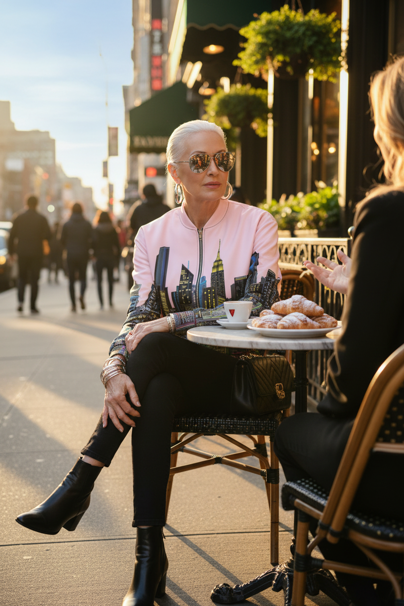 Women sitting outside in a pink colorful Loria NYC Art  jacket in an outside cafe setting.
