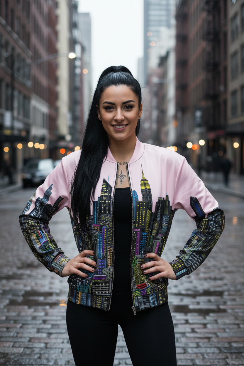 Woman wearing a colorful Loria NYC Art jacket with cityscape design on a city street