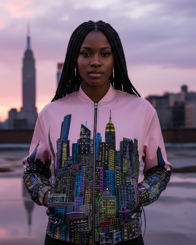 Person wearing a colorful cityscape jacket on a rooftop with a city skyline in the background during sunset.