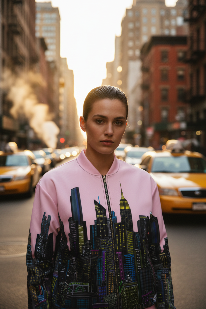 Person in the city wearing a pink jacket with cityscape design by Loria NYC Art on a busy street with taxis.