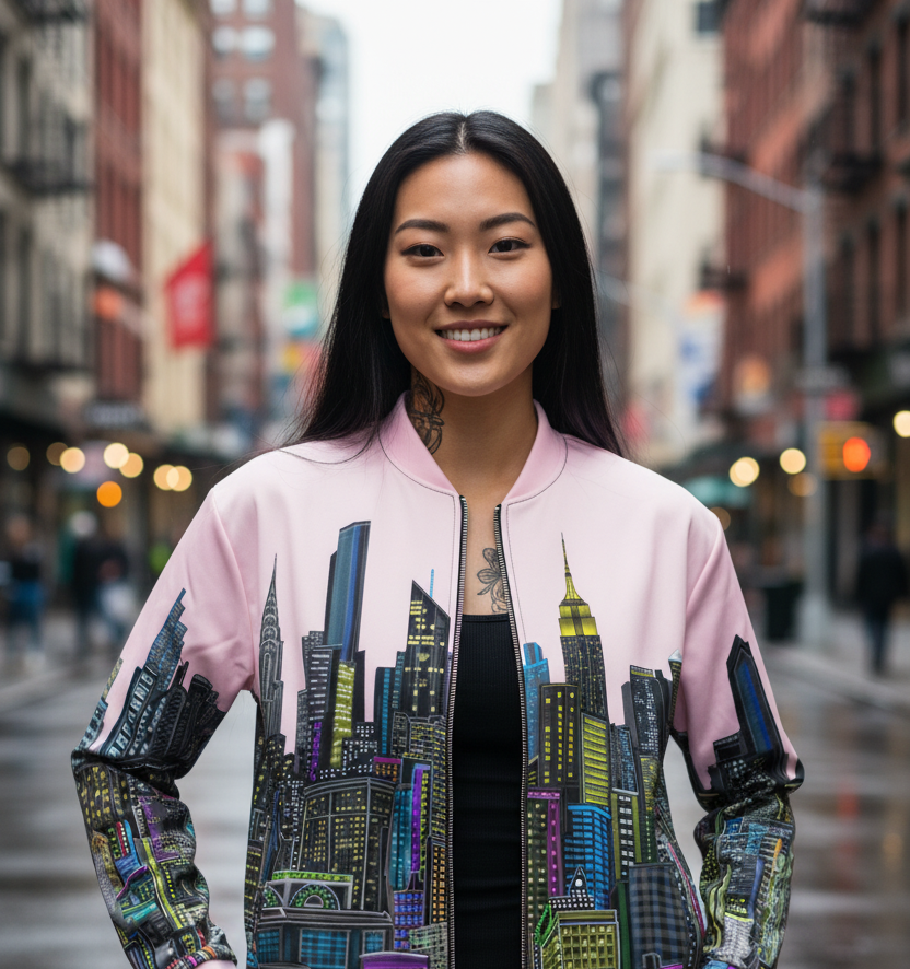 Person wearing a pink  Loria NYC Art jacket on an urban background 