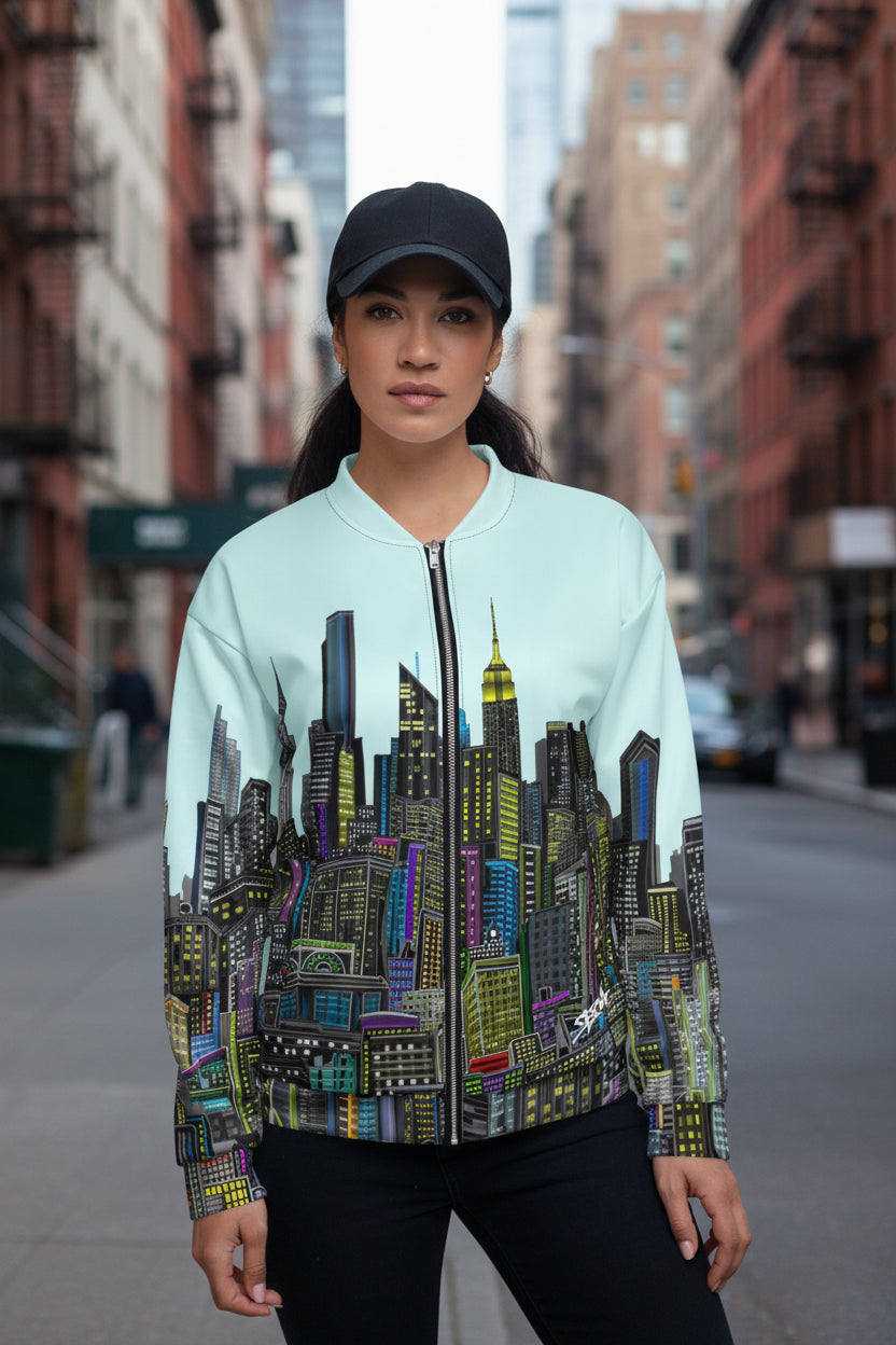 Front view of Woman wearing a bomber jacket with a cityscape designed by Loria NYC Art on a white background