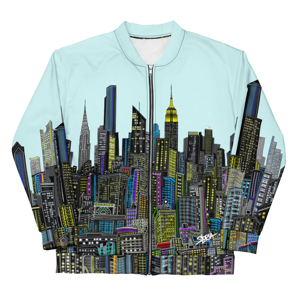 Folded arms front view of a blue cyan jacket with a colorful city skyline designed by Loria NYC Art