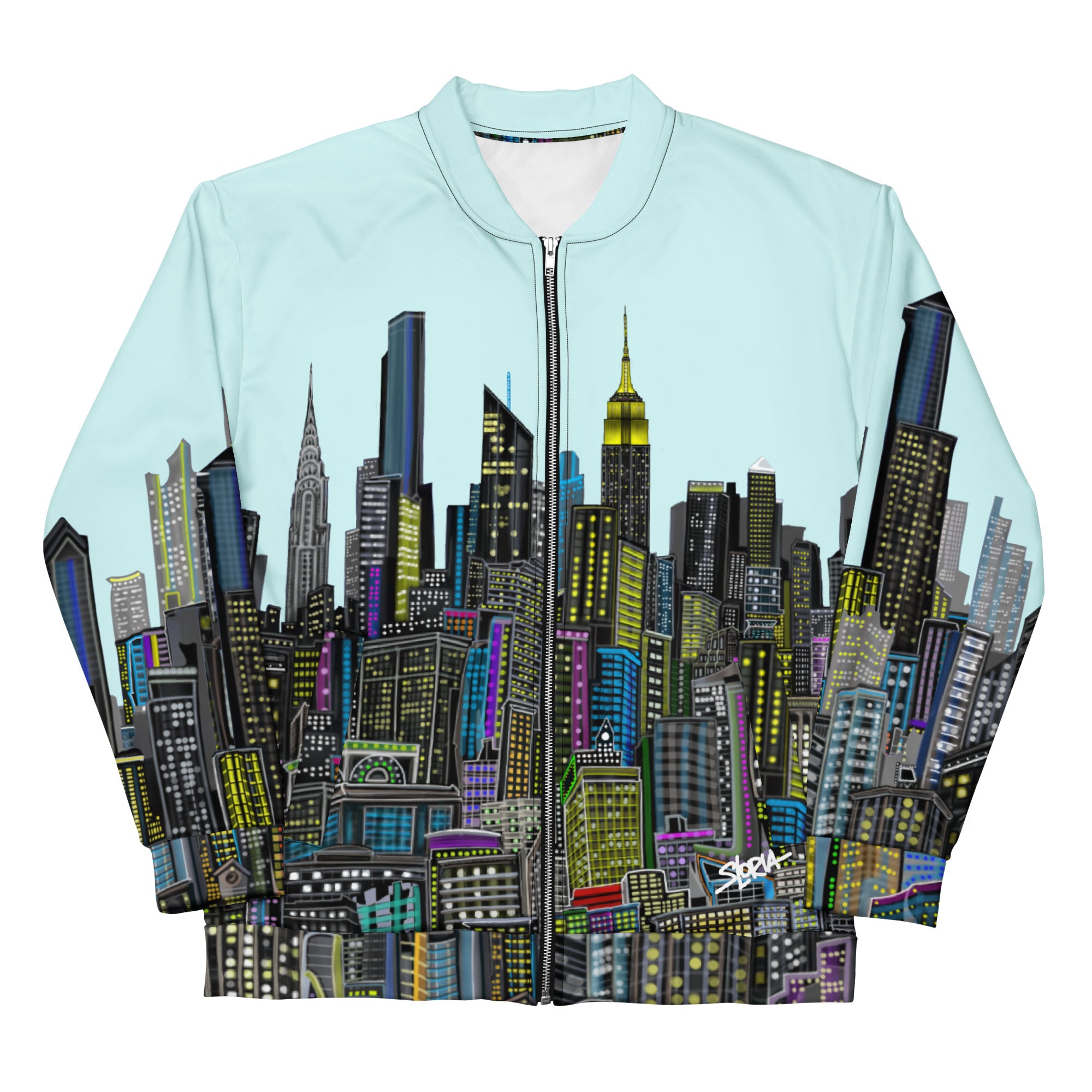 Folded arms front view of a blue cyan jacket with a colorful city skyline designed by Loria NYC Art