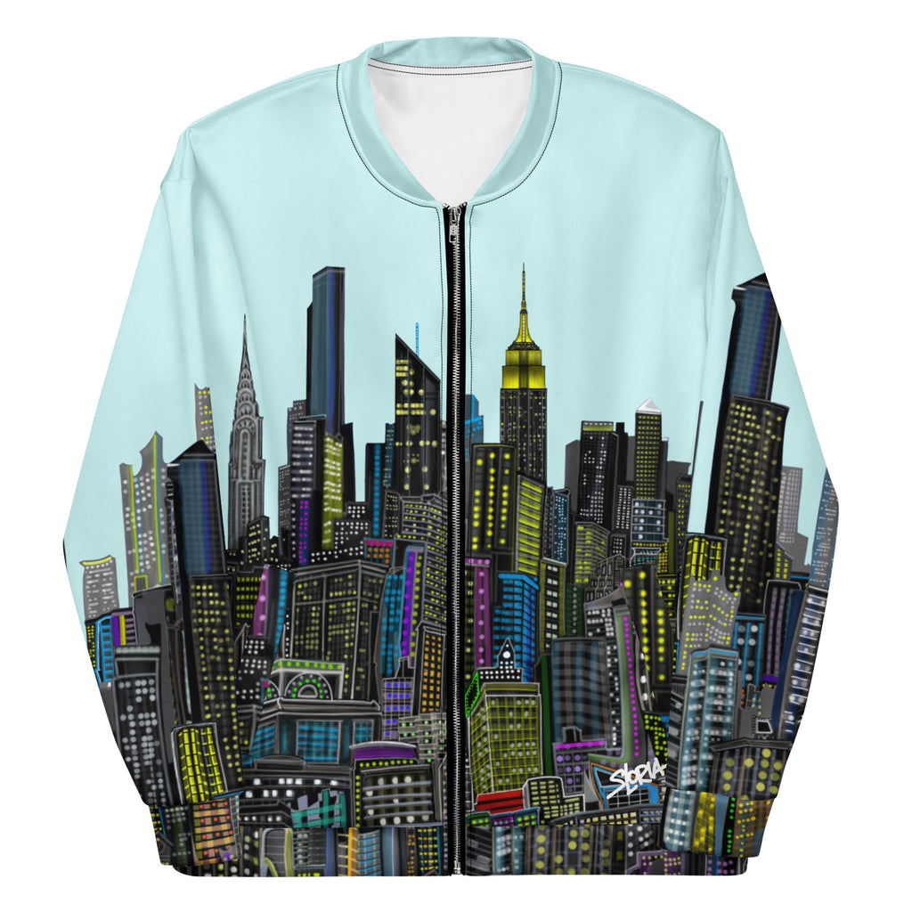 Front view of Light blue bomber jacket with cityscape designed by Loria NYC Art on a white background