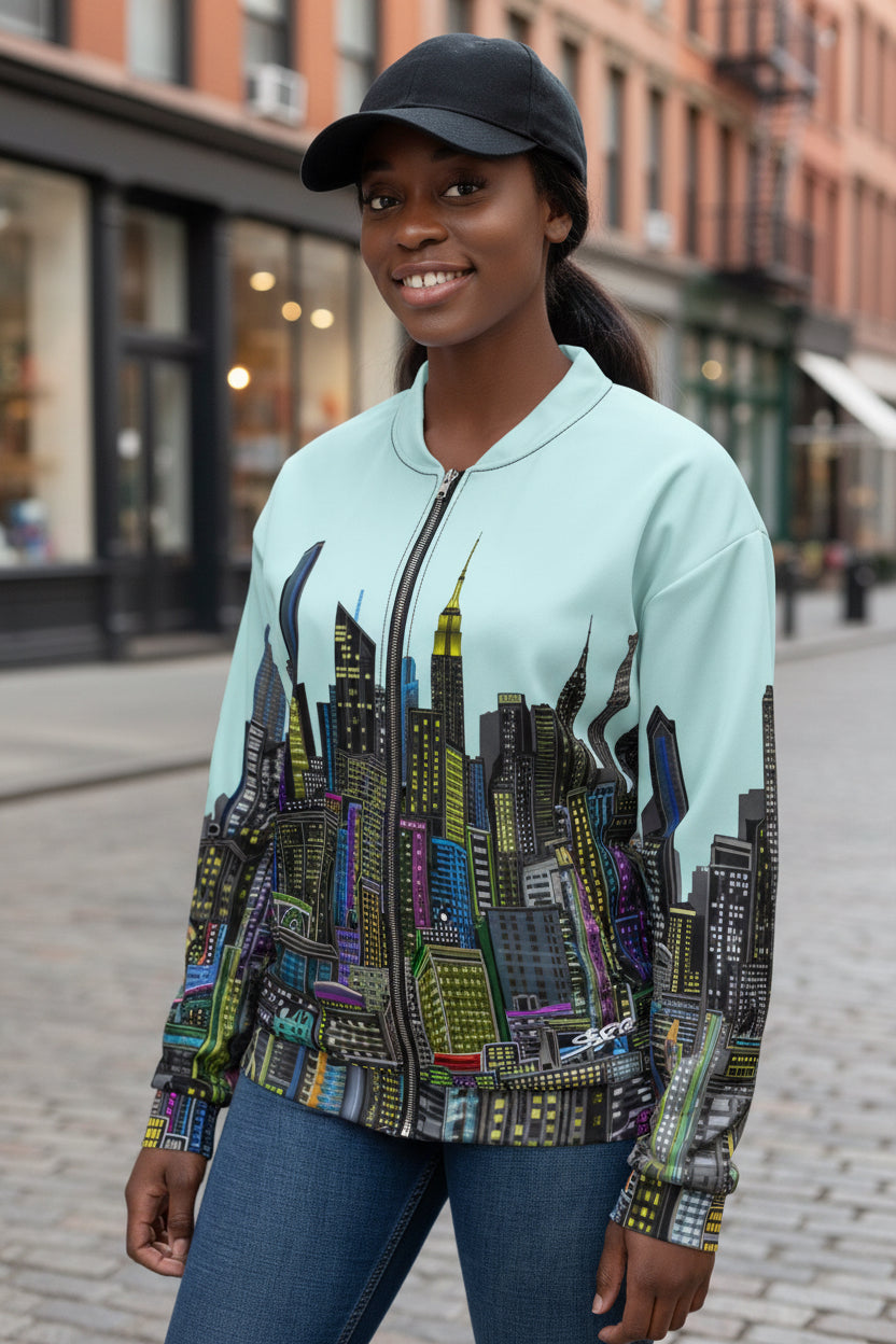 Person wearing a jacket with a cityscape designed by Loria NYC Art on a white background