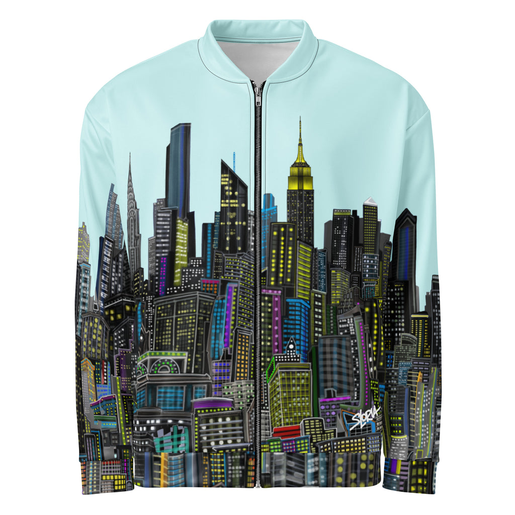 Front of a blue cyan jacket with a colorful city skyline designed by Loria NYC Art