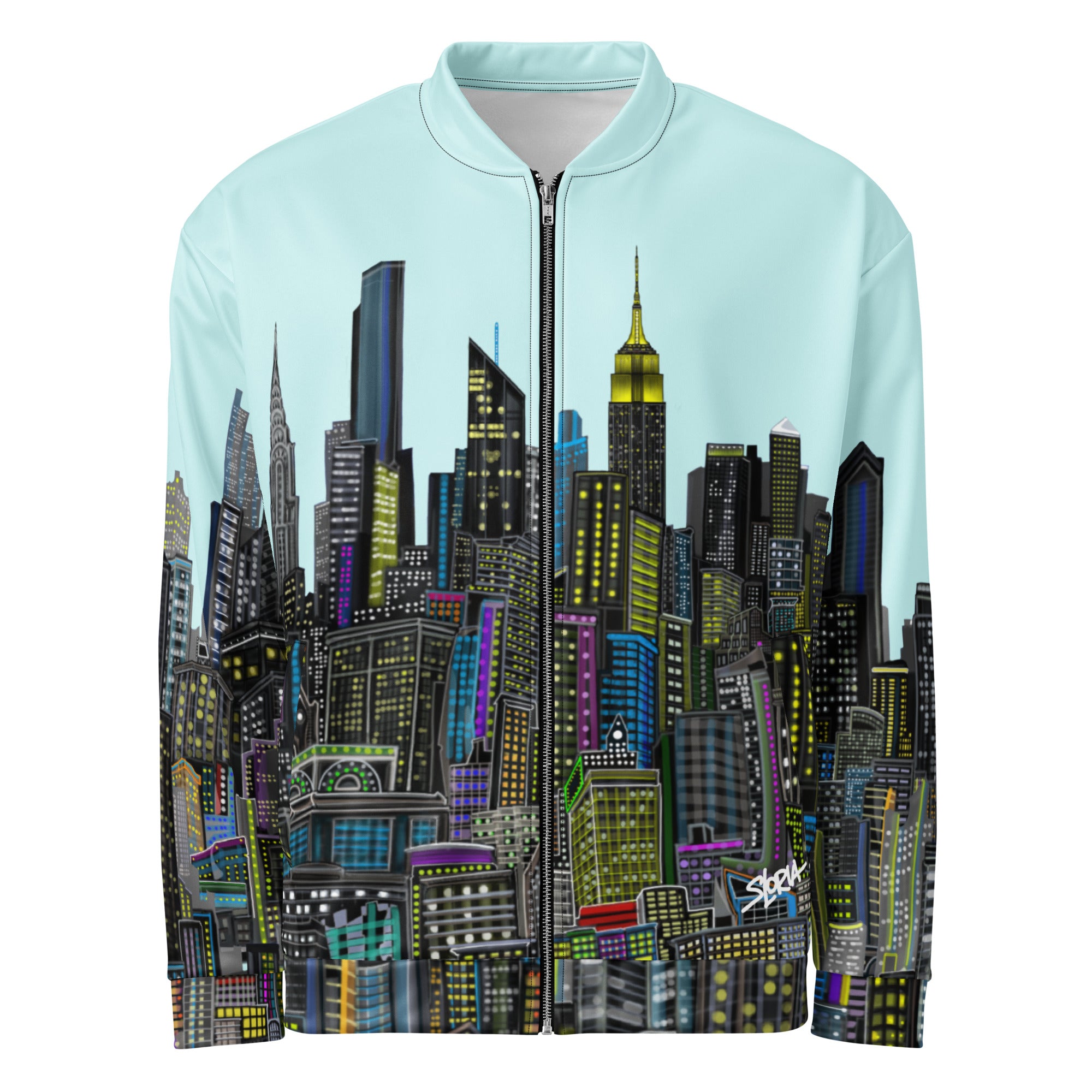 Front of a blue cyan jacket with a colorful city skyline designed by Loria NYC Art
