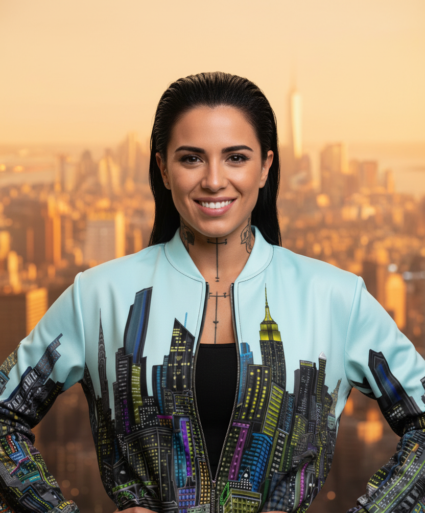 Woman wearing a jacket with Loria NYC Art cityscape design against a blurred city skyline