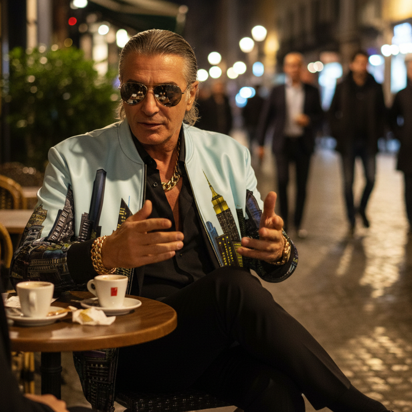 Man wearing a Loria NYC Art jacket sitting at a table with a cup of coffee in an urban setting