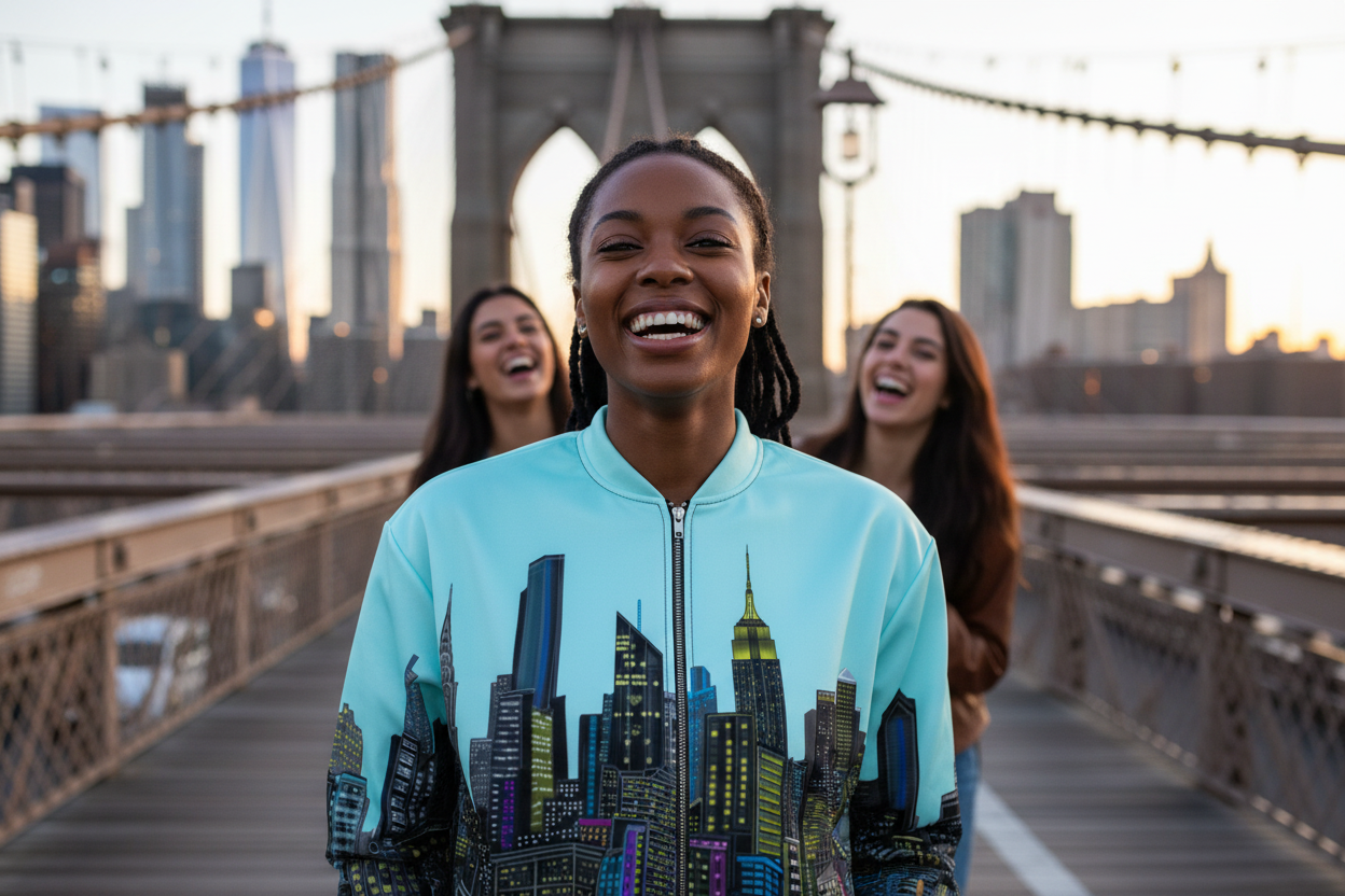 Person wearing a light blue jacket with a cityscape design by Loria NYC Art on a bridge with a city skyline in the background.
