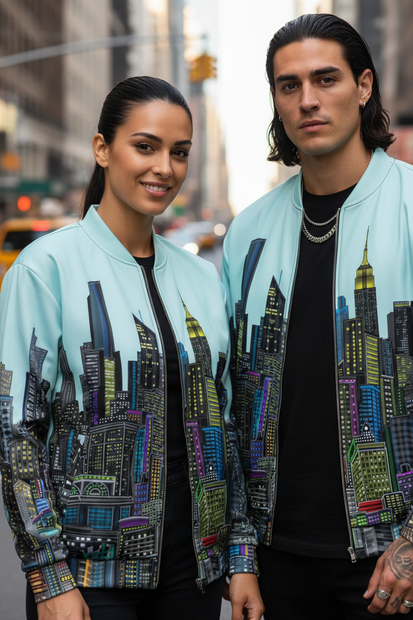 Two people wearing Loria NYC Art jackets with cityscape designs on a city street.