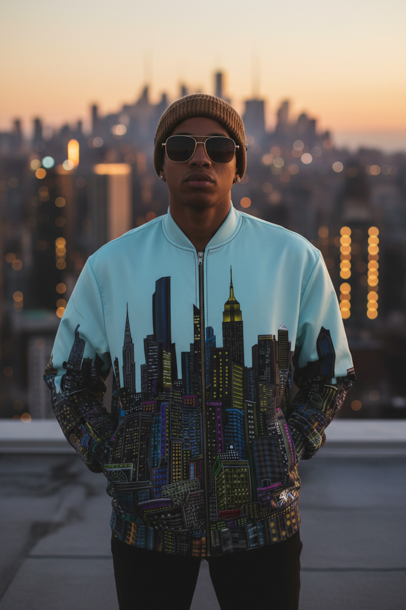 Person wearing a Loria NYC Art cityscape jacket with a city skyline in the background