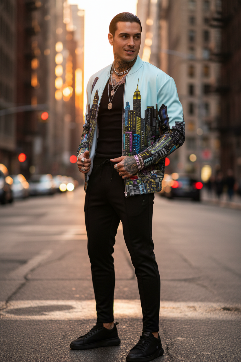Man wearing a colorful Loria NYC Art jacket with cityscape design on a city street.