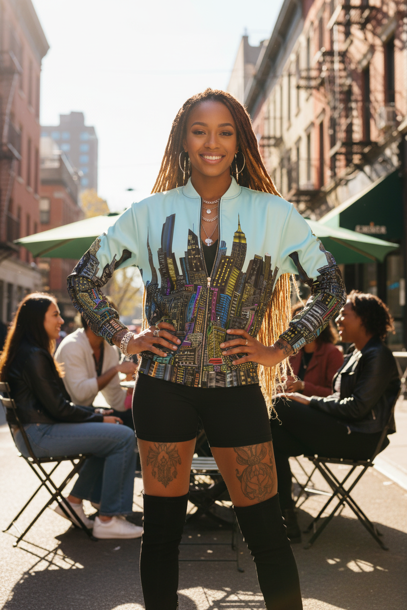 Woman posing on a city street wearing a Loria NYC Art colorful jacket.