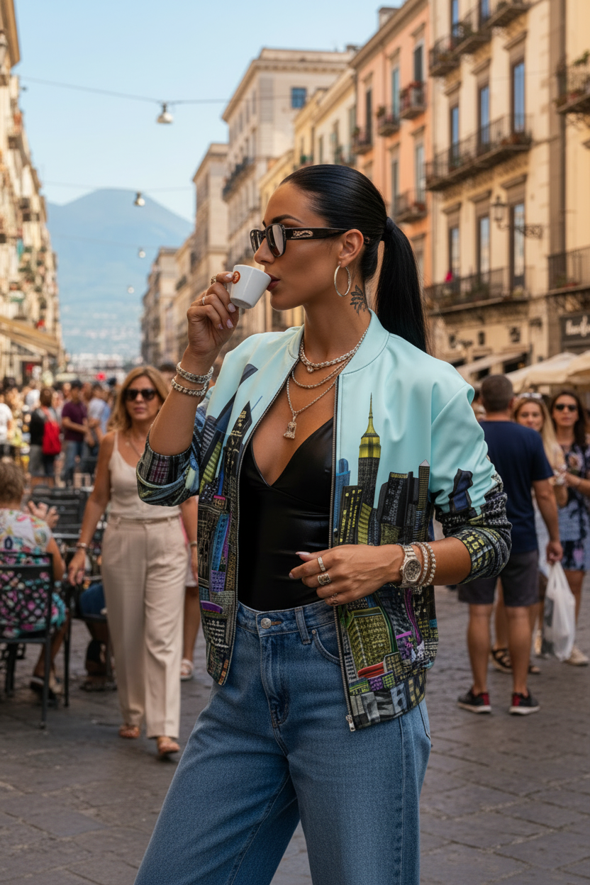 Woman in a colorful Loria NYC Art jacket drinking from a cup in an urban setting
