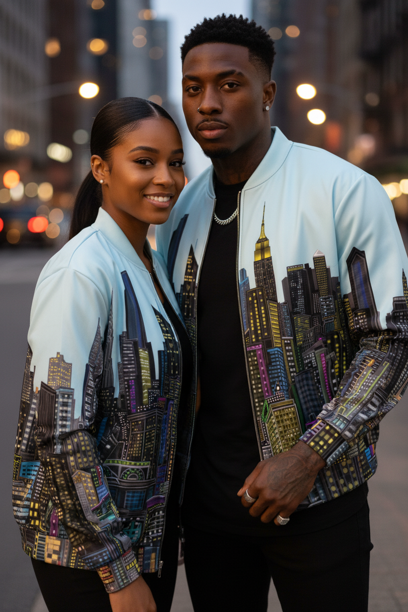 Two people wearing Loria NYC Art cityscape-themed jackets standing on a street with blurred lights in the background