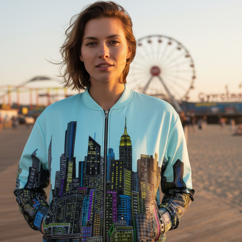 Person wearing a jacket with cityscape designed by Loria NYC Art on a beach with Ferris wheel in the background