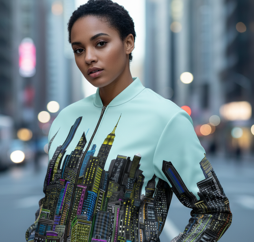 Woman wearing a cityscape-themed jacket created by Loria NYC Art on a city street
