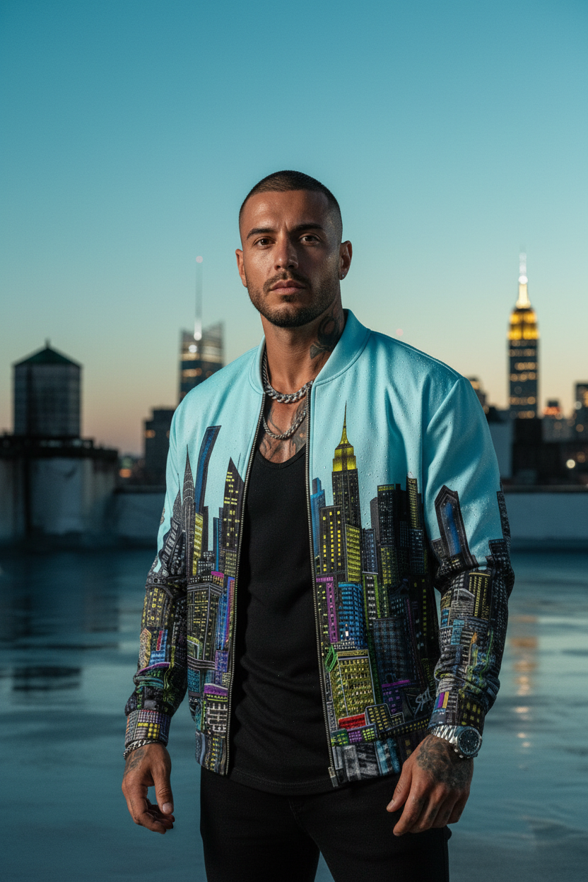 Man wearing a colorful Loria NYC Art cityscape jacket on a rooftop with skyline in the background