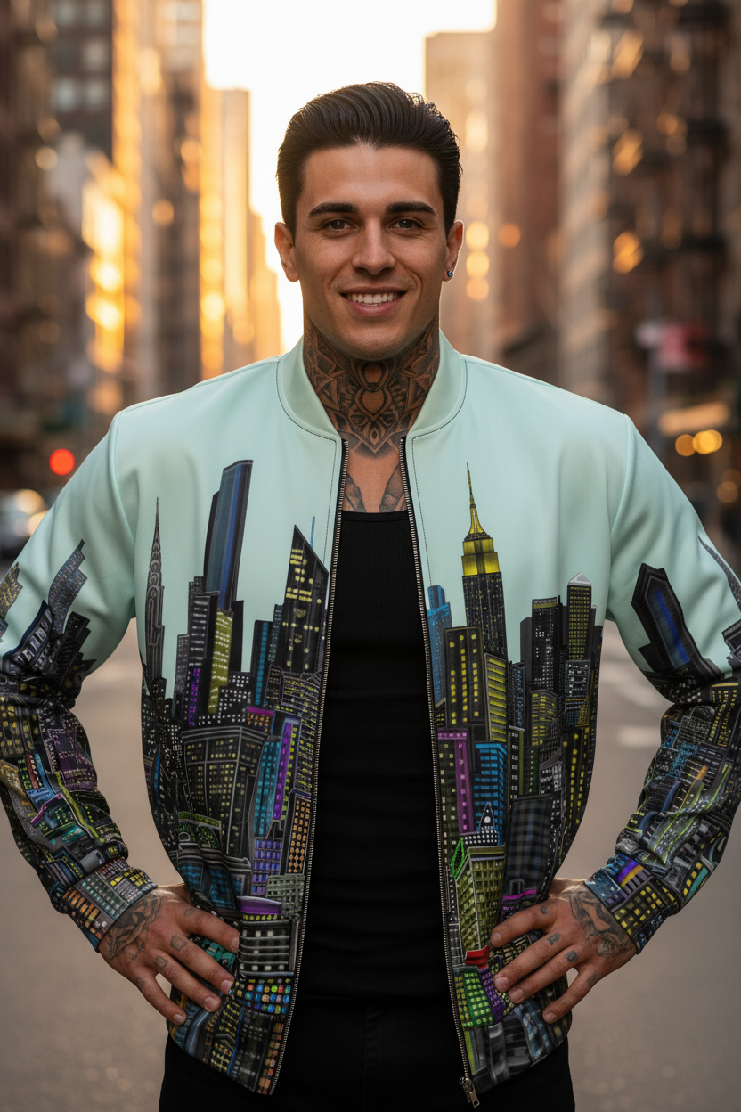 Man wearing a light blue Loria NYC Art jacket with cityscape design in an urban setting