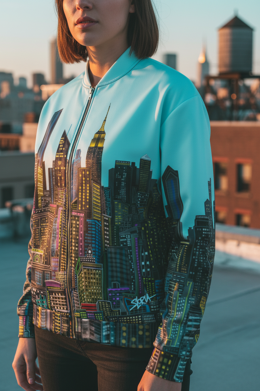 Person wearing a Loria NYC Art jacket with a cityscape design on a rooftop with urban skyline in the background