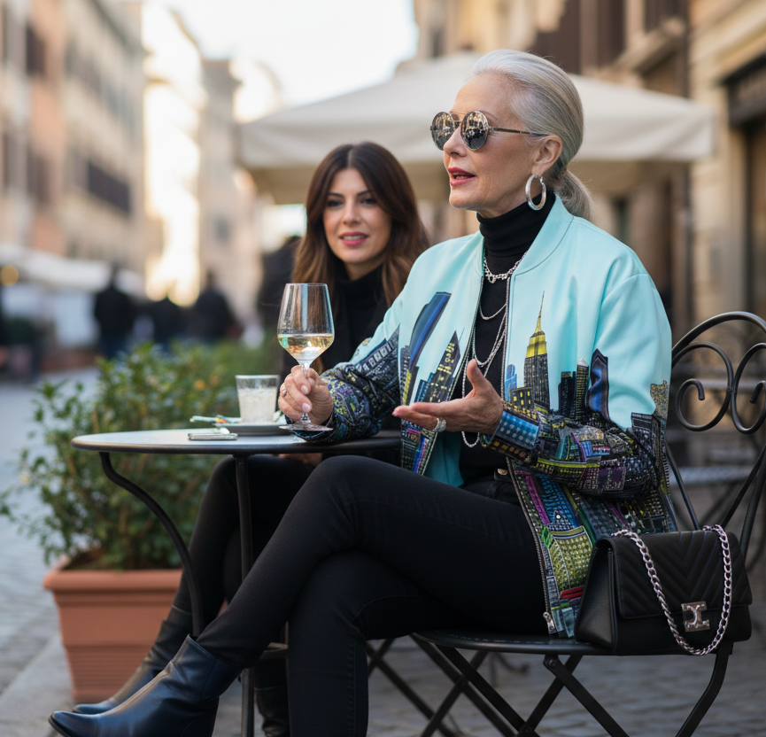 Women wearing a Loria NYC Art jacket sitting at an outdoor cafe table with a cityscape-themed jacket.