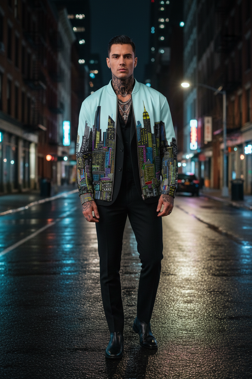 Man standing on a city street at night wearing a Loria NYC Art colorful jacket.