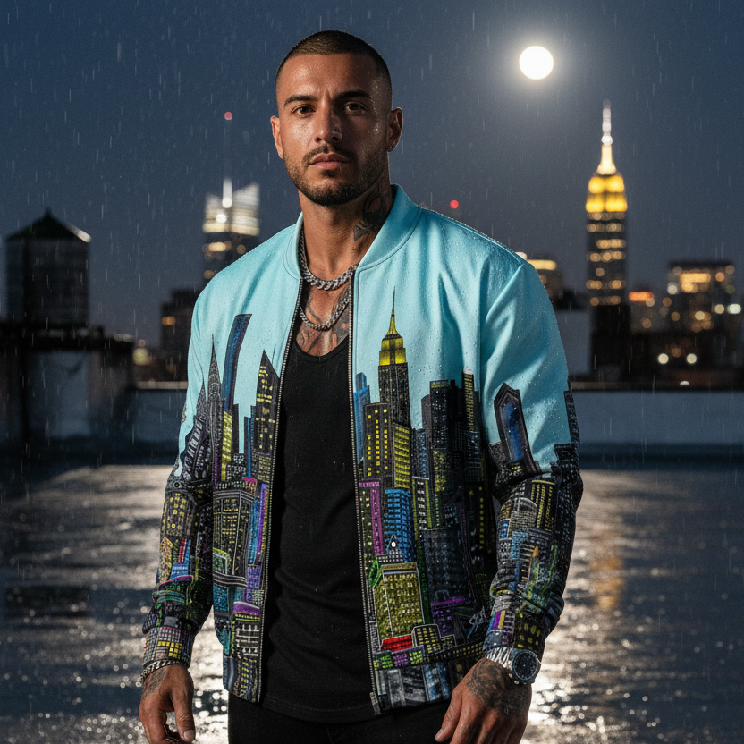 Man wearing a colorful jacket designed by Loria NYC Art with cityscape design on a rooftop at night.