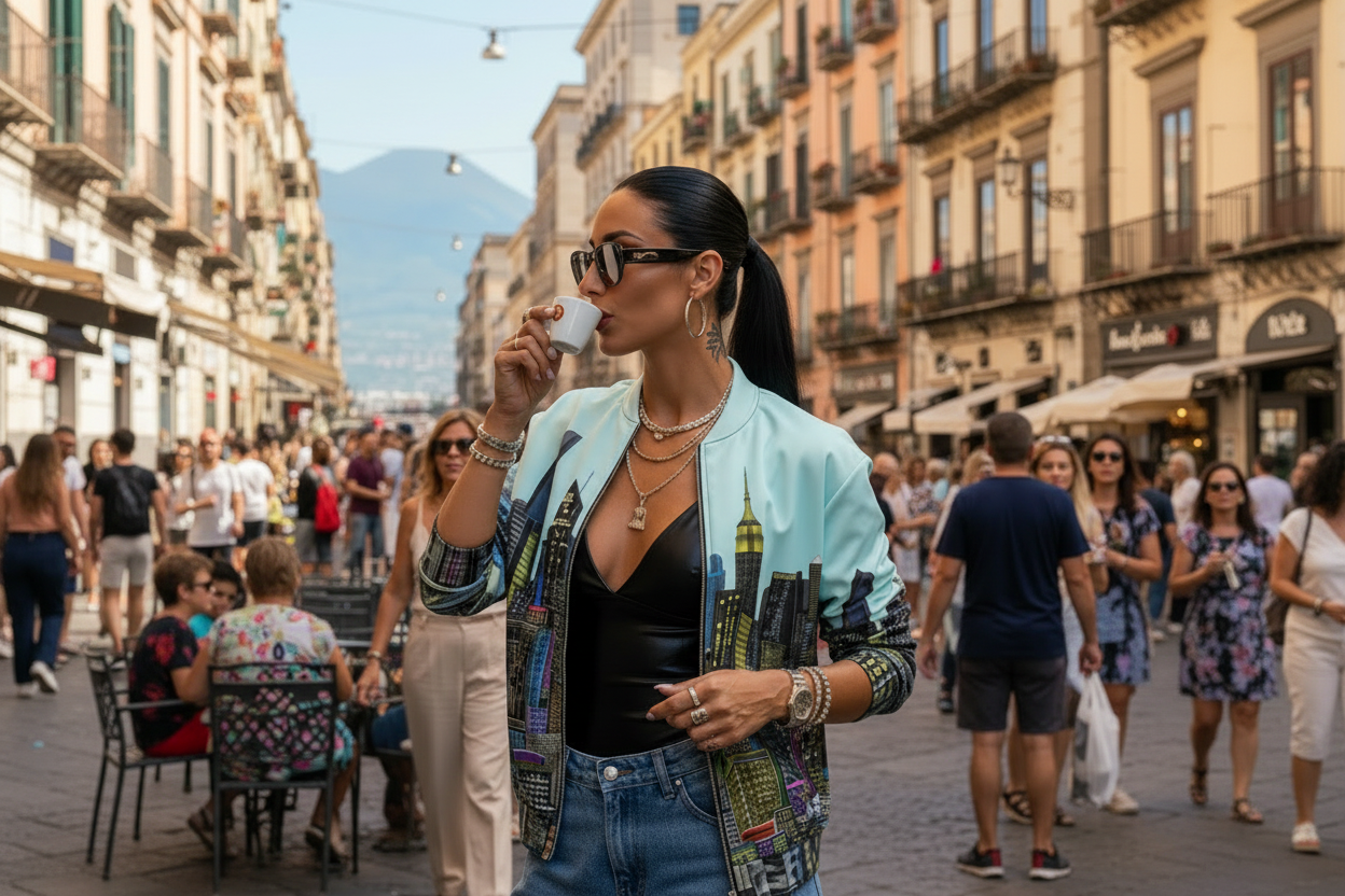 Female drinking coffee wearing a blue Loria NYC Art bomber jacket in an urban European country.
