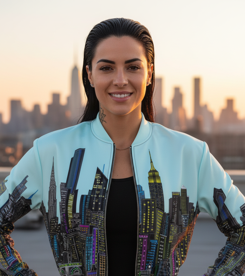 Woman wearing a light blue bomber jacket with cityscape Loria NYC Art design against a city skyline at sunset. 