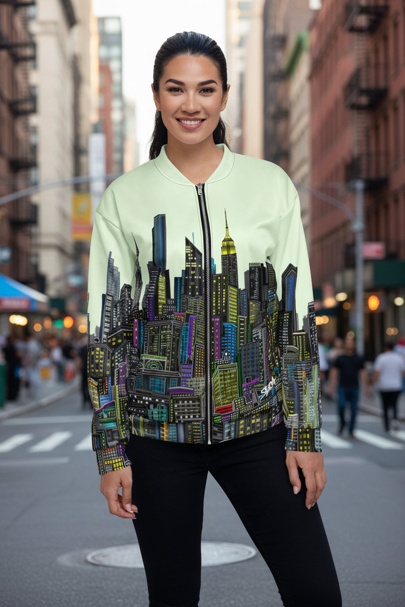 Woman wearing a light green Loria NYC Art jacket bomber with a cityscape design on a urban background